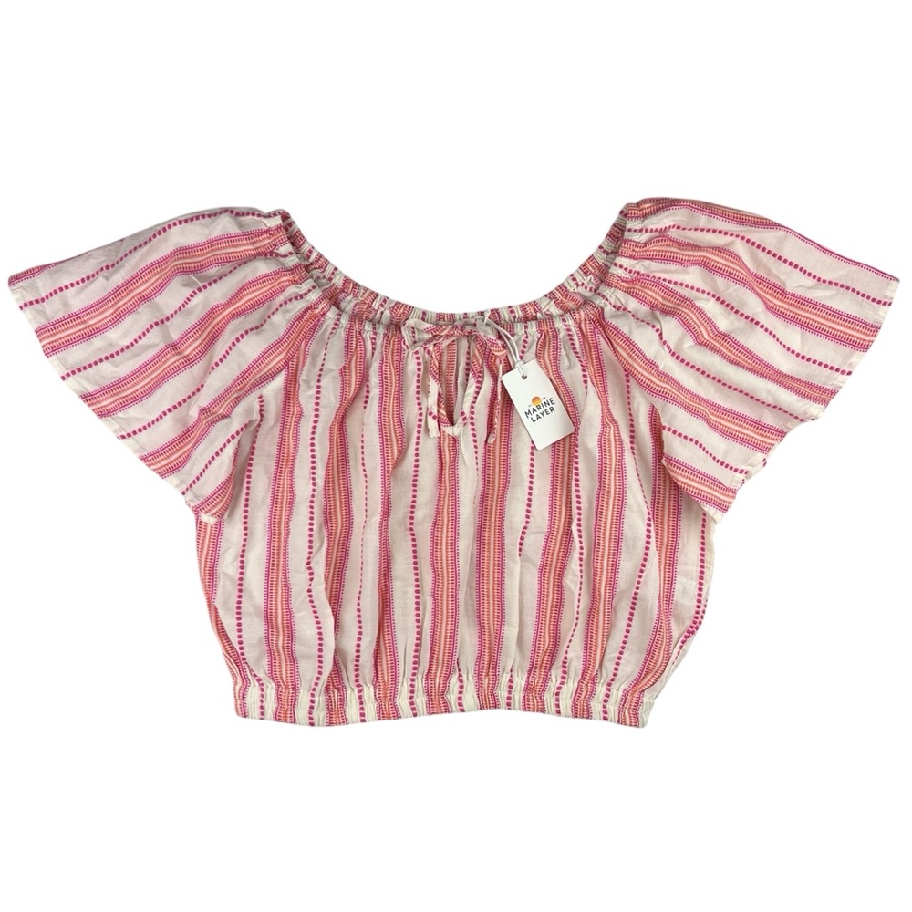 Marine Layer Tiana Textured Cropped Blouse Pink Stripe Size S